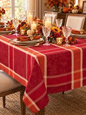 70" x 120" Red Orange Holiday Plaid Thanksgiving & Christmas Design Tablecloth